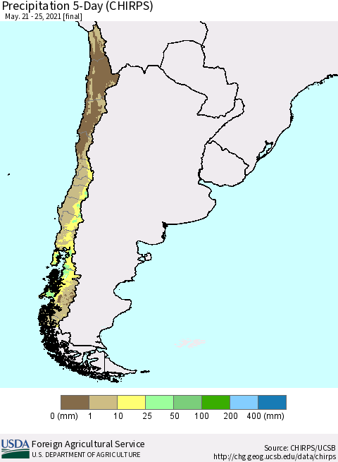 Chile Precipitation 5-Day (CHIRPS) Thematic Map For 5/21/2021 - 5/25/2021