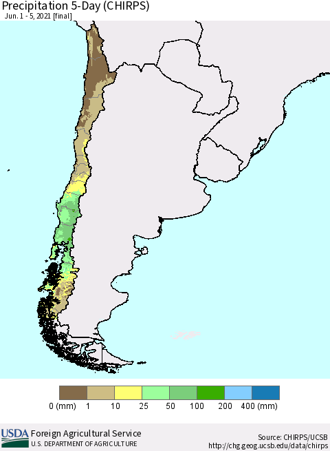 Chile Precipitation 5-Day (CHIRPS) Thematic Map For 6/1/2021 - 6/5/2021