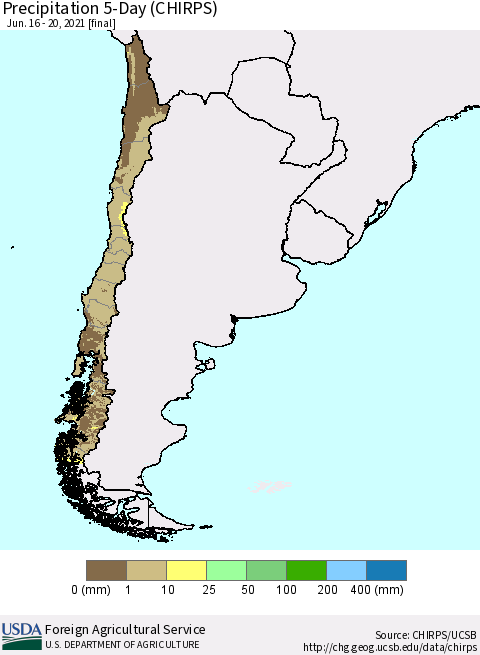 Chile Precipitation 5-Day (CHIRPS) Thematic Map For 6/16/2021 - 6/20/2021