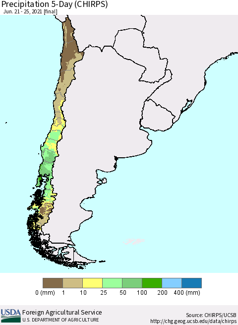 Chile Precipitation 5-Day (CHIRPS) Thematic Map For 6/21/2021 - 6/25/2021