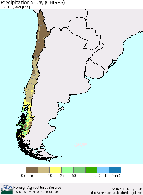 Chile Precipitation 5-Day (CHIRPS) Thematic Map For 7/1/2021 - 7/5/2021