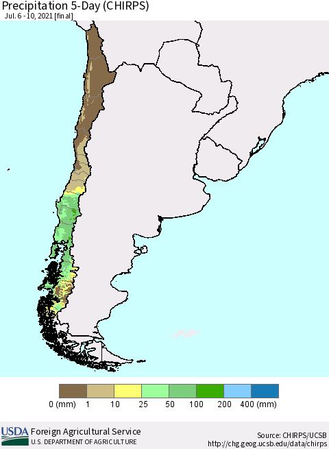 Chile Precipitation 5-Day (CHIRPS) Thematic Map For 7/6/2021 - 7/10/2021