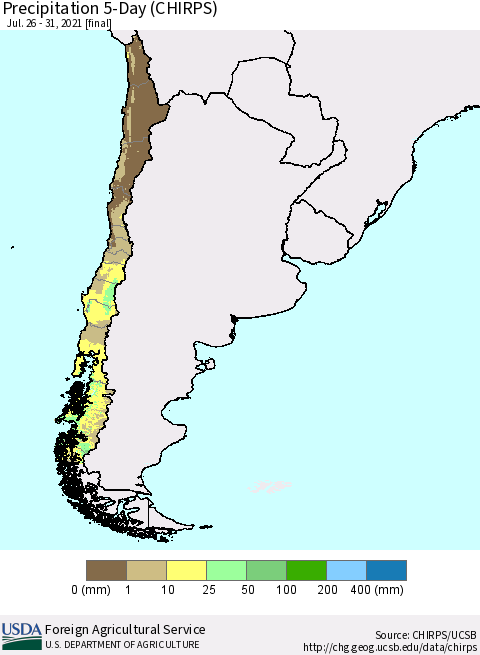 Chile Precipitation 5-Day (CHIRPS) Thematic Map For 7/26/2021 - 7/31/2021