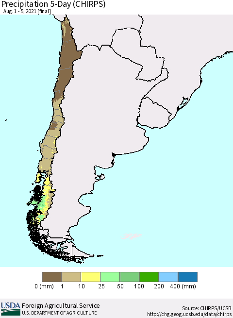 Chile Precipitation 5-Day (CHIRPS) Thematic Map For 8/1/2021 - 8/5/2021