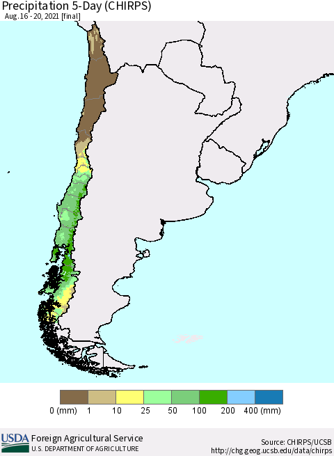 Chile Precipitation 5-Day (CHIRPS) Thematic Map For 8/16/2021 - 8/20/2021