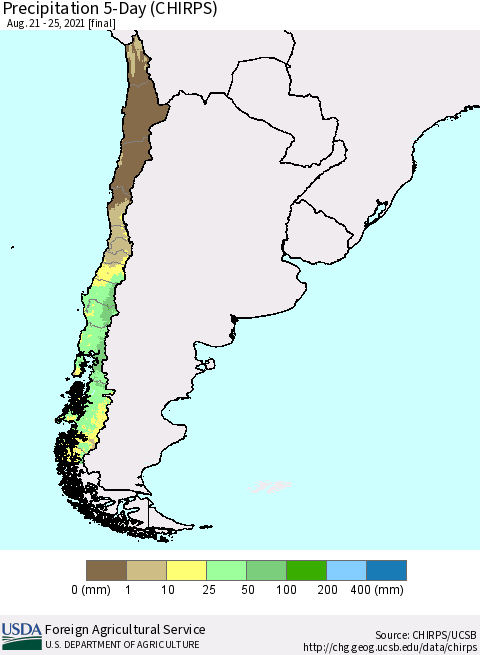 Chile Precipitation 5-Day (CHIRPS) Thematic Map For 8/21/2021 - 8/25/2021