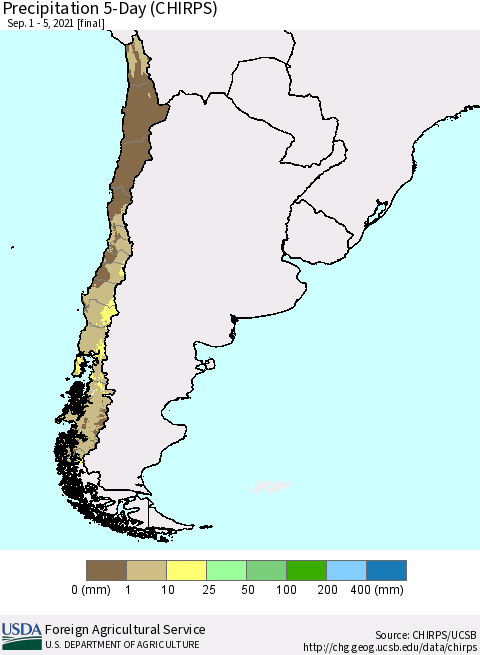 Chile Precipitation 5-Day (CHIRPS) Thematic Map For 9/1/2021 - 9/5/2021