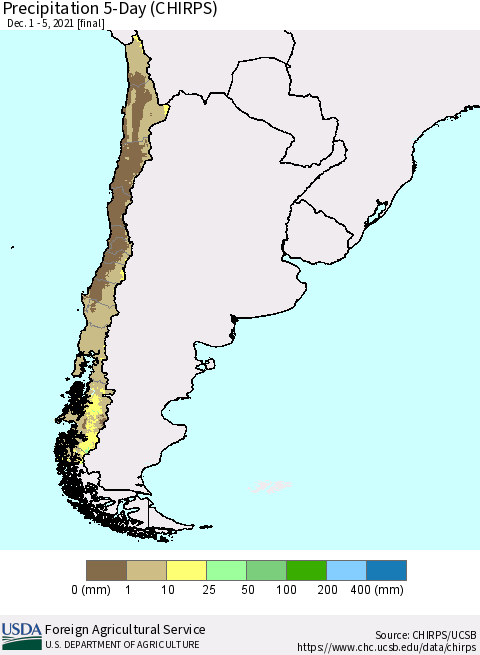 Chile Precipitation 5-Day (CHIRPS) Thematic Map For 12/1/2021 - 12/5/2021