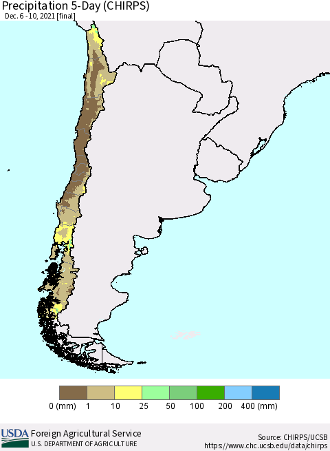 Chile Precipitation 5-Day (CHIRPS) Thematic Map For 12/6/2021 - 12/10/2021
