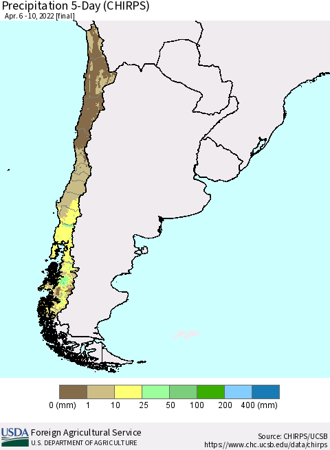 Chile Precipitation 5-Day (CHIRPS) Thematic Map For 4/6/2022 - 4/10/2022