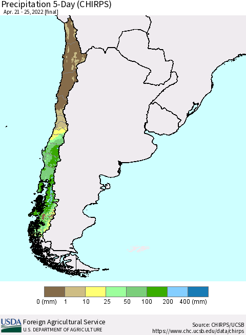 Chile Precipitation 5-Day (CHIRPS) Thematic Map For 4/21/2022 - 4/25/2022