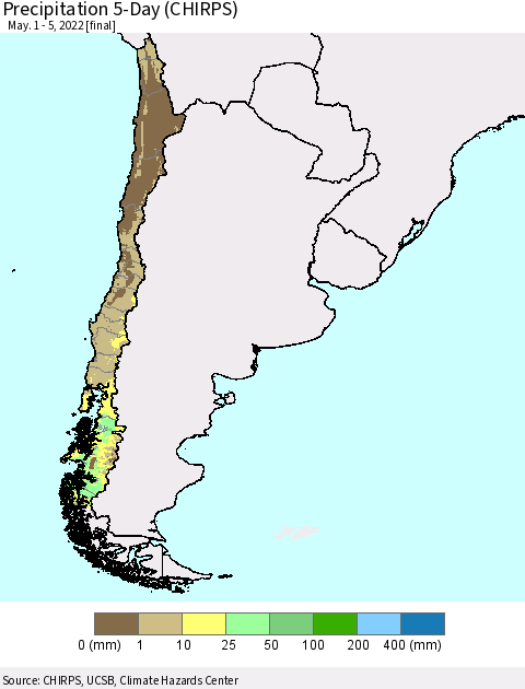 Chile Precipitation 5-Day (CHIRPS) Thematic Map For 5/1/2022 - 5/5/2022