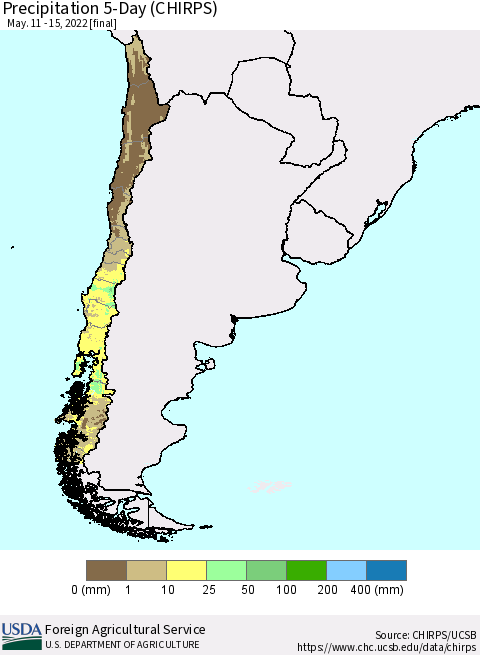 Chile Precipitation 5-Day (CHIRPS) Thematic Map For 5/11/2022 - 5/15/2022