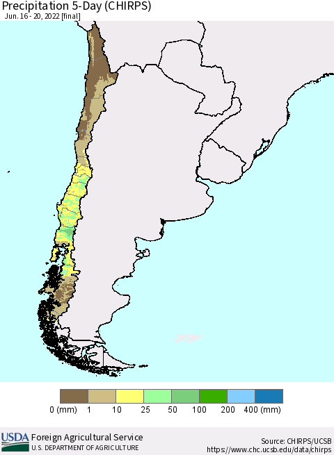 Chile Precipitation 5-Day (CHIRPS) Thematic Map For 6/16/2022 - 6/20/2022