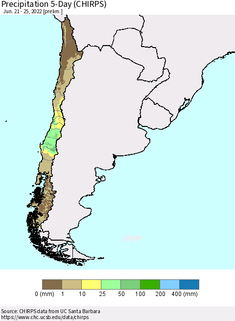 Chile Precipitation 5-Day (CHIRPS) Thematic Map For 6/21/2022 - 6/25/2022