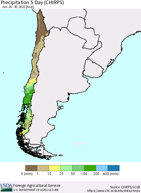 Chile Precipitation 5-Day (CHIRPS) Thematic Map For 6/26/2022 - 6/30/2022