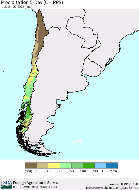 Chile Precipitation 5-Day (CHIRPS) Thematic Map For 7/16/2022 - 7/20/2022