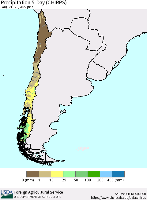 Chile Precipitation 5-Day (CHIRPS) Thematic Map For 8/21/2022 - 8/25/2022