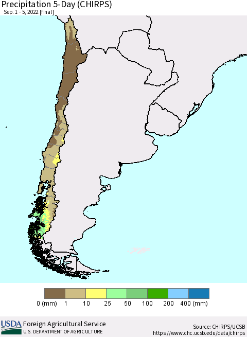 Chile Precipitation 5-Day (CHIRPS) Thematic Map For 9/1/2022 - 9/5/2022