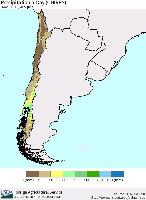 Chile Precipitation 5-Day (CHIRPS) Thematic Map For 11/11/2022 - 11/15/2022