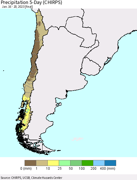 Chile Precipitation 5-Day (CHIRPS) Thematic Map For 1/16/2023 - 1/20/2023