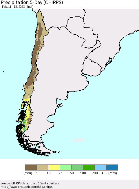 Chile Precipitation 5-Day (CHIRPS) Thematic Map For 2/11/2023 - 2/15/2023