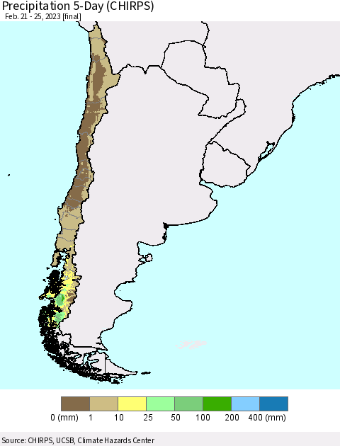 Chile Precipitation 5-Day (CHIRPS) Thematic Map For 2/21/2023 - 2/25/2023