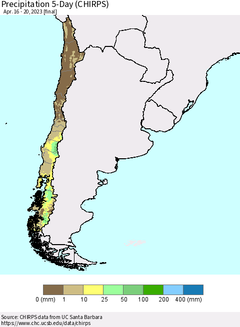 Chile Precipitation 5-Day (CHIRPS) Thematic Map For 4/16/2023 - 4/20/2023