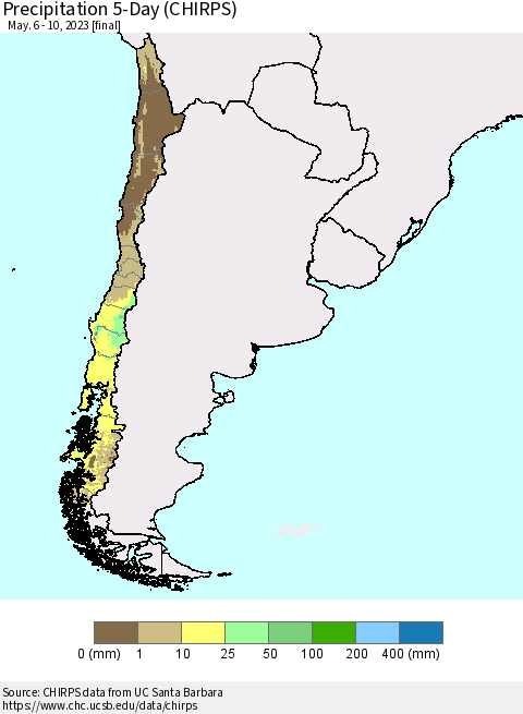 Chile Precipitation 5-Day (CHIRPS) Thematic Map For 5/6/2023 - 5/10/2023
