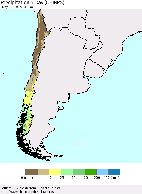 Chile Precipitation 5-Day (CHIRPS) Thematic Map For 5/16/2023 - 5/20/2023