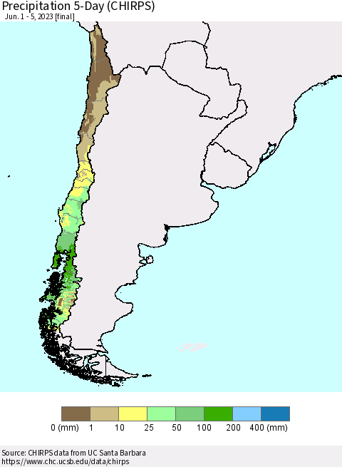 Chile Precipitation 5-Day (CHIRPS) Thematic Map For 6/1/2023 - 6/5/2023