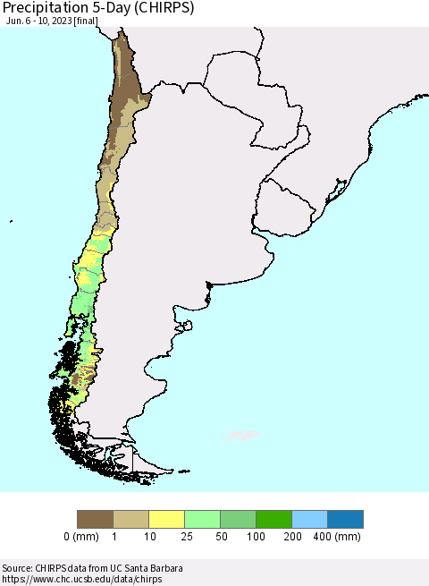 Chile Precipitation 5-Day (CHIRPS) Thematic Map For 6/6/2023 - 6/10/2023