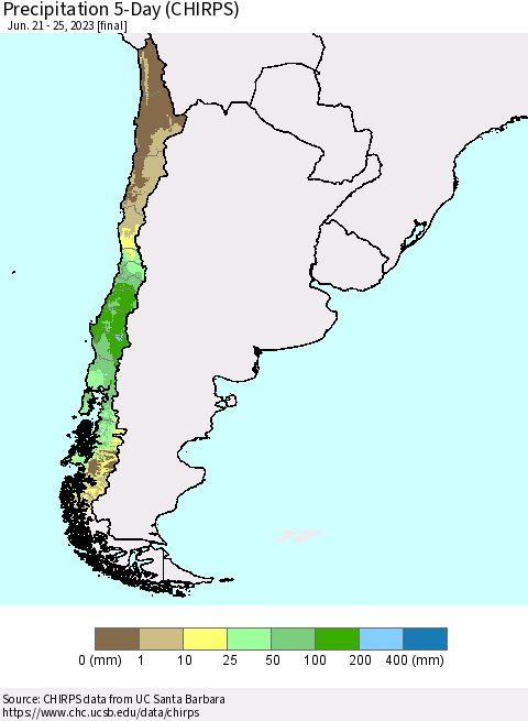 Chile Precipitation 5-Day (CHIRPS) Thematic Map For 6/21/2023 - 6/25/2023