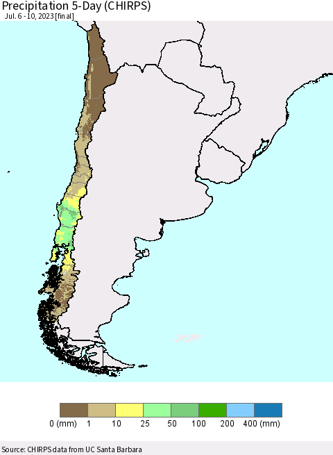 Chile Precipitation 5-Day (CHIRPS) Thematic Map For 7/6/2023 - 7/10/2023