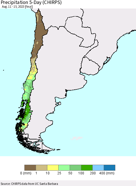 Chile Precipitation 5-Day (CHIRPS) Thematic Map For 8/11/2023 - 8/15/2023