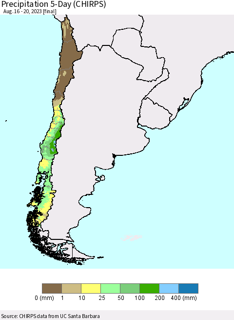 Chile Precipitation 5-Day (CHIRPS) Thematic Map For 8/16/2023 - 8/20/2023