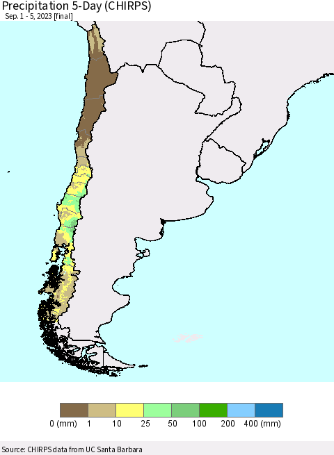 Chile Precipitation 5-Day (CHIRPS) Thematic Map For 9/1/2023 - 9/5/2023