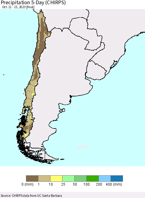 Chile Precipitation 5-Day (CHIRPS) Thematic Map For 10/11/2023 - 10/15/2023