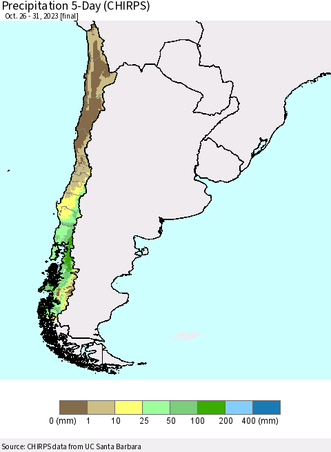 Chile Precipitation 5-Day (CHIRPS) Thematic Map For 10/26/2023 - 10/31/2023