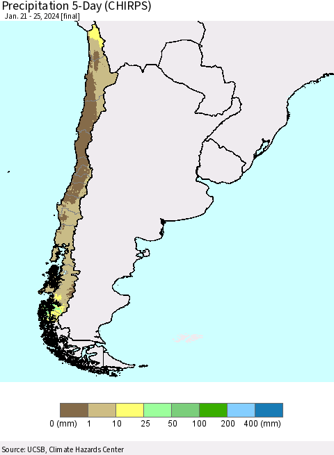 Chile Precipitation 5-Day (CHIRPS) Thematic Map For 1/21/2024 - 1/25/2024