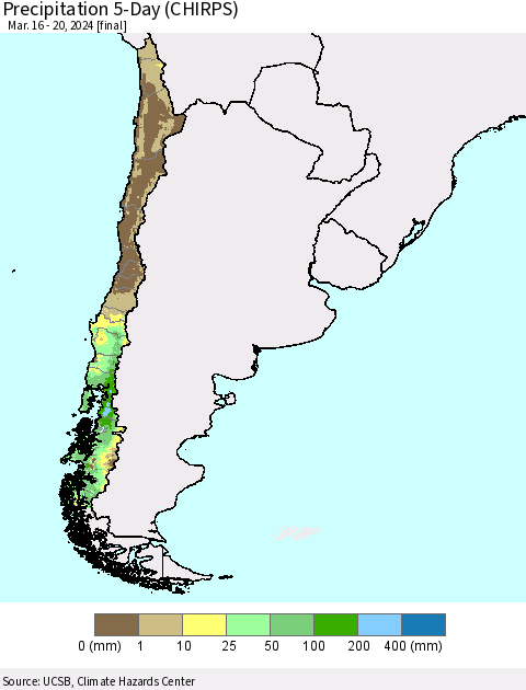 Chile Precipitation 5-Day (CHIRPS) Thematic Map For 3/16/2024 - 3/20/2024