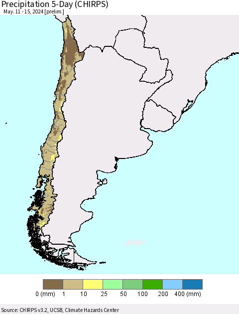 Chile Precipitation 5-Day (CHIRPS) Thematic Map For 5/11/2024 - 5/15/2024