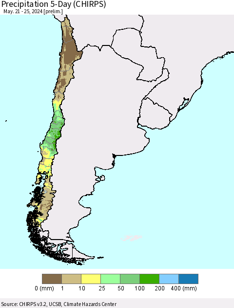 Chile Precipitation 5-Day (CHIRPS) Thematic Map For 5/21/2024 - 5/25/2024
