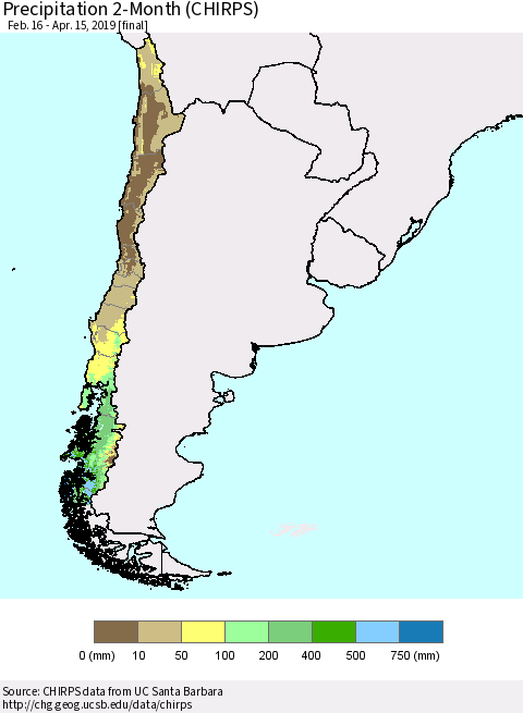 Chile Precipitation 2-Month (CHIRPS) Thematic Map For 2/16/2019 - 4/15/2019