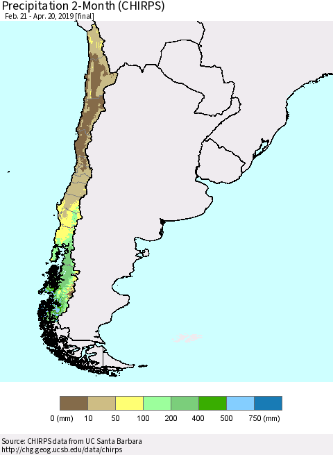 Chile Precipitation 2-Month (CHIRPS) Thematic Map For 2/21/2019 - 4/20/2019