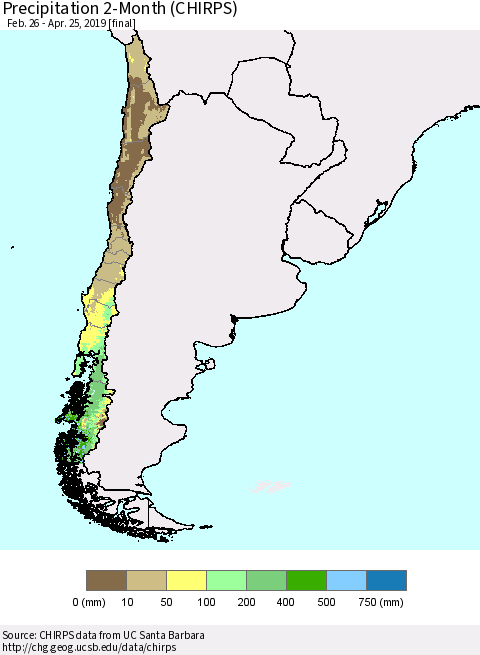Chile Precipitation 2-Month (CHIRPS) Thematic Map For 2/26/2019 - 4/25/2019