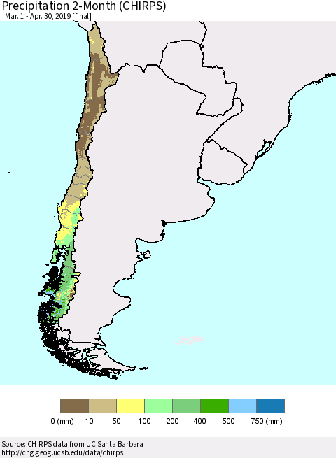 Chile Precipitation 2-Month (CHIRPS) Thematic Map For 3/1/2019 - 4/30/2019