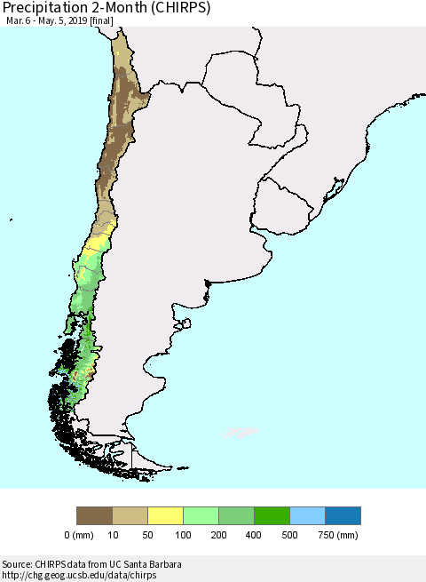 Chile Precipitation 2-Month (CHIRPS) Thematic Map For 3/6/2019 - 5/5/2019