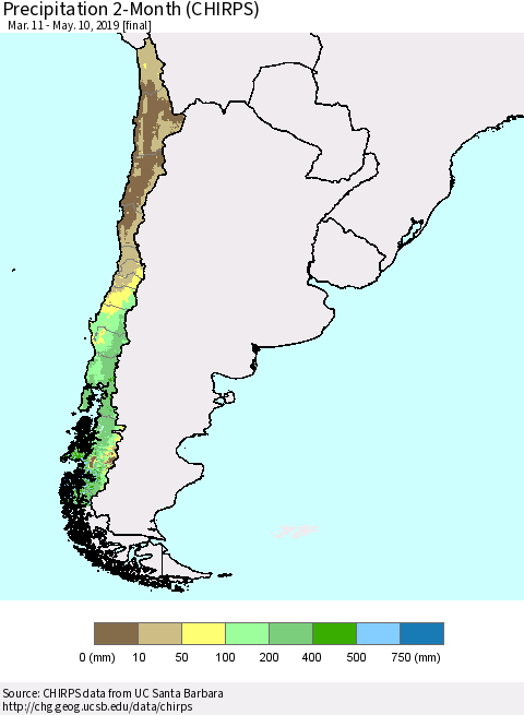 Chile Precipitation 2-Month (CHIRPS) Thematic Map For 3/11/2019 - 5/10/2019