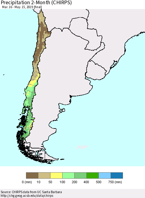 Chile Precipitation 2-Month (CHIRPS) Thematic Map For 3/16/2019 - 5/15/2019